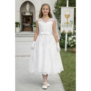 NEW Girls First Holy Communion Dress Size 12 -Corded Emb Tulle Sequin Tea-Length